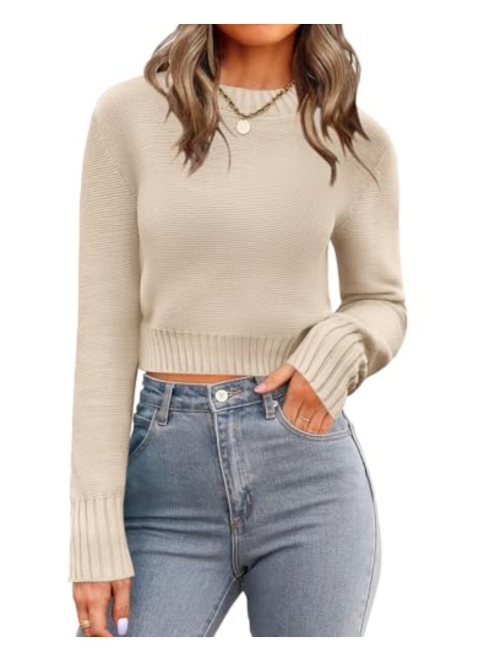 Crewneck Cropped Sweater Knit Long Sleeve Pullover Top